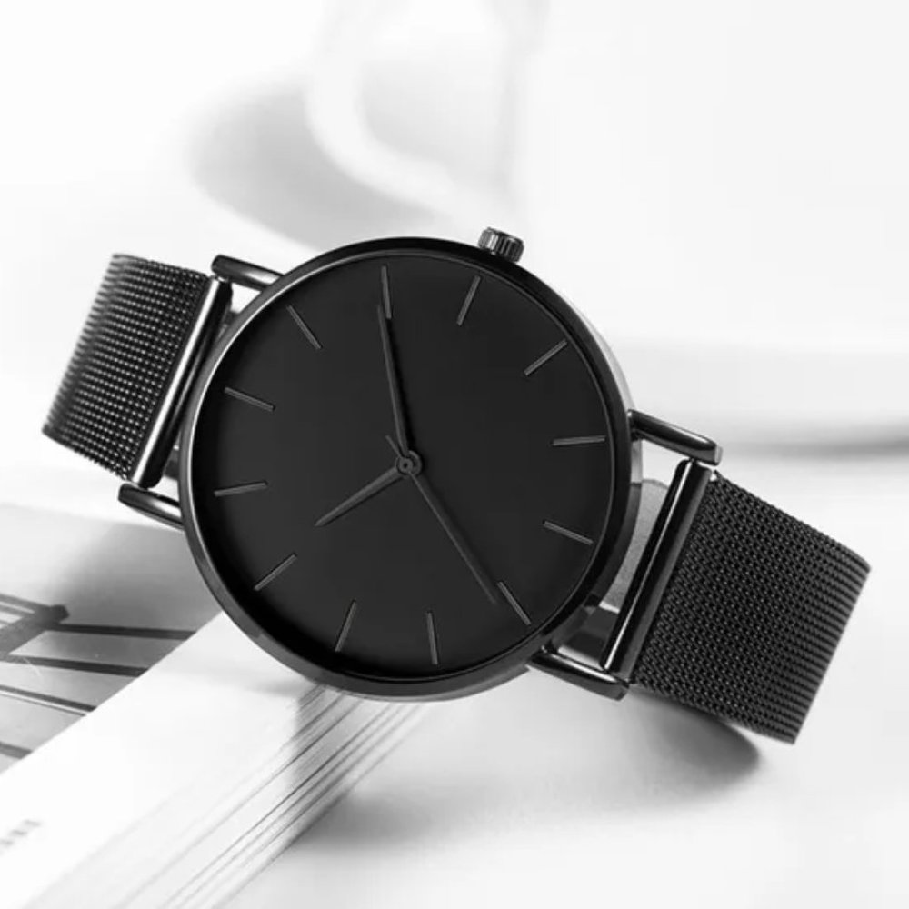 Men Quartz‎ Blackout Watch -  Minimalist Ultra Thin Stainless Steel Watch